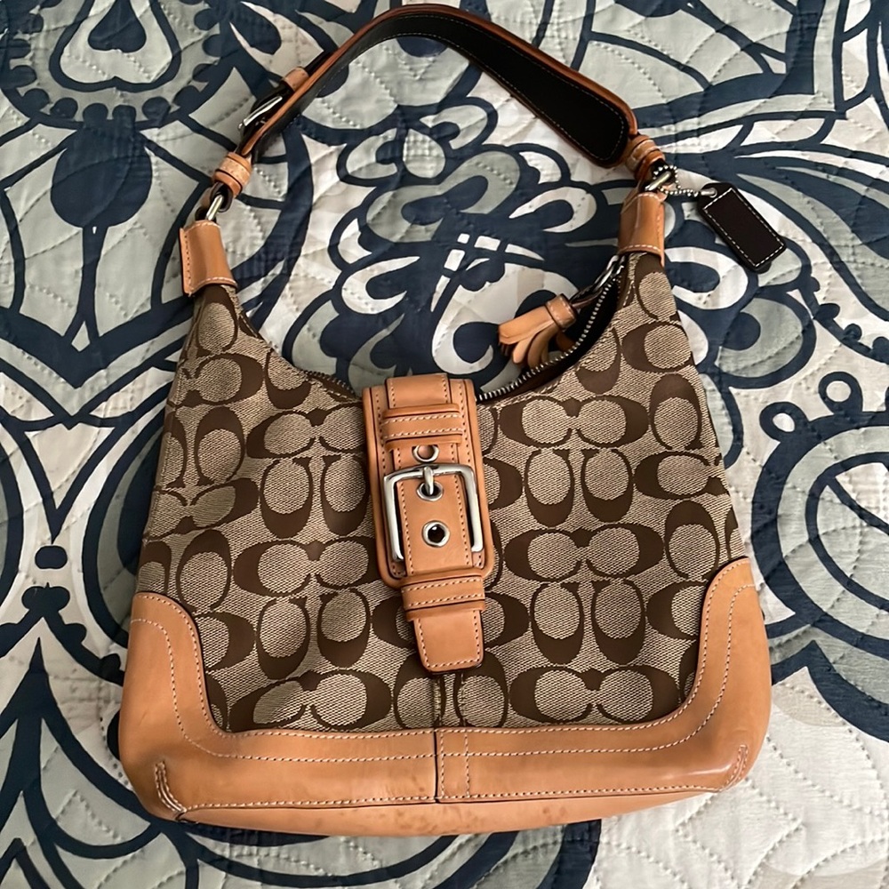 USED BEIGE/COFFEE MONOGRAM JACQUARD SHOULDER BAG VINTAGE